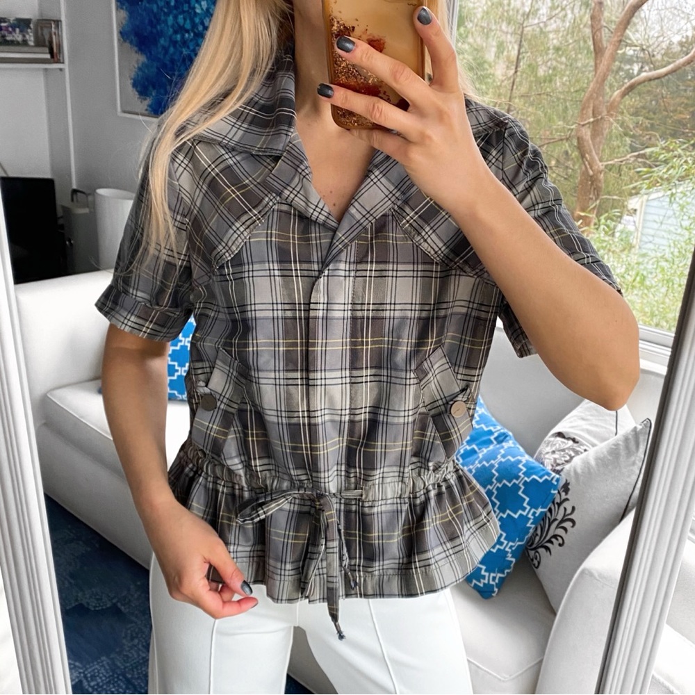 🩶 APRIORI GREY BLACK PLAID TIE WAIST SHORT SLEEVE JACKET!